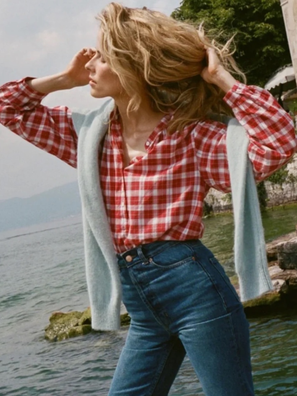 Doen Red and White Plaid Button-Up Blouse